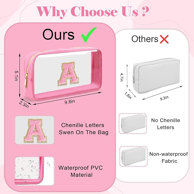 Personalized Initial Letter Clear Makeup Bag,Preppy Small Nylon&PVC Cosmetic Zipper Bag with Chenille Letter,Portable Beach Travel Skincare Toiletry Bag,Trendy Monogram Gift for Teen Girls Women,E