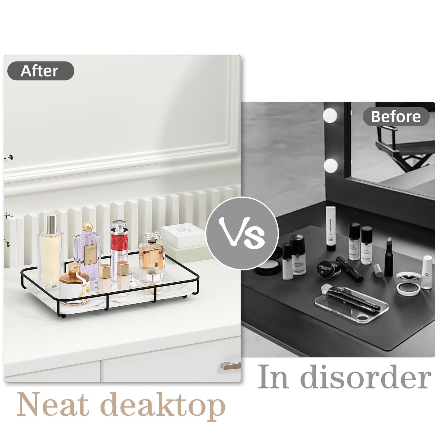 Dobbyby Vanity Tray Makeup Organizer Cosmetics Storage Bathroom Skincare Organizer Countertop Display Rack in Dresser Stainless Steel Shelf Marble Print Ceramic Trays