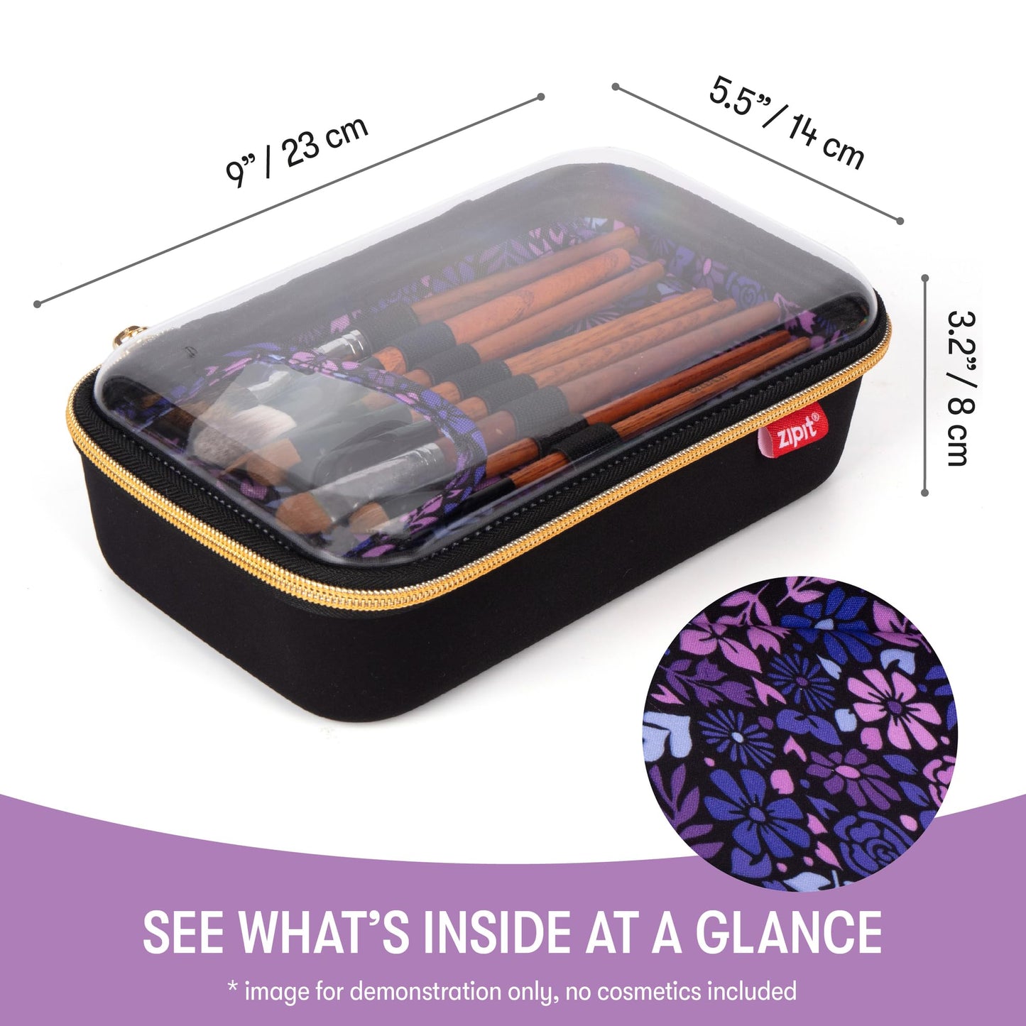 ZIPIT: Travel Makeup Bag - Black & Purple Flowers - Protective Hard Shell, Large Cosmetic Case, Transparent Zipper Lid, Handle, Toiletry Organizer