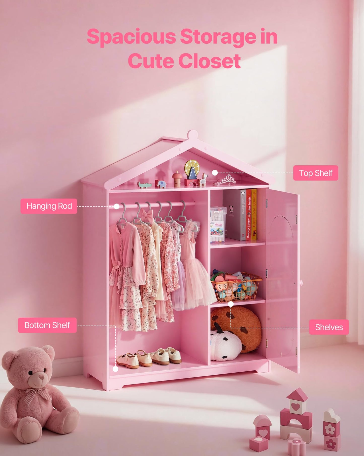 VEVOR Kids Dress Up Storage, with Mirror, Dress Up Closet, Kids Armoire Wardrobe Closet for Little Girls, Toddler Costume Organizer, Pretend Princess Storage Dresser, for Bedroom, Girls Room, Pink