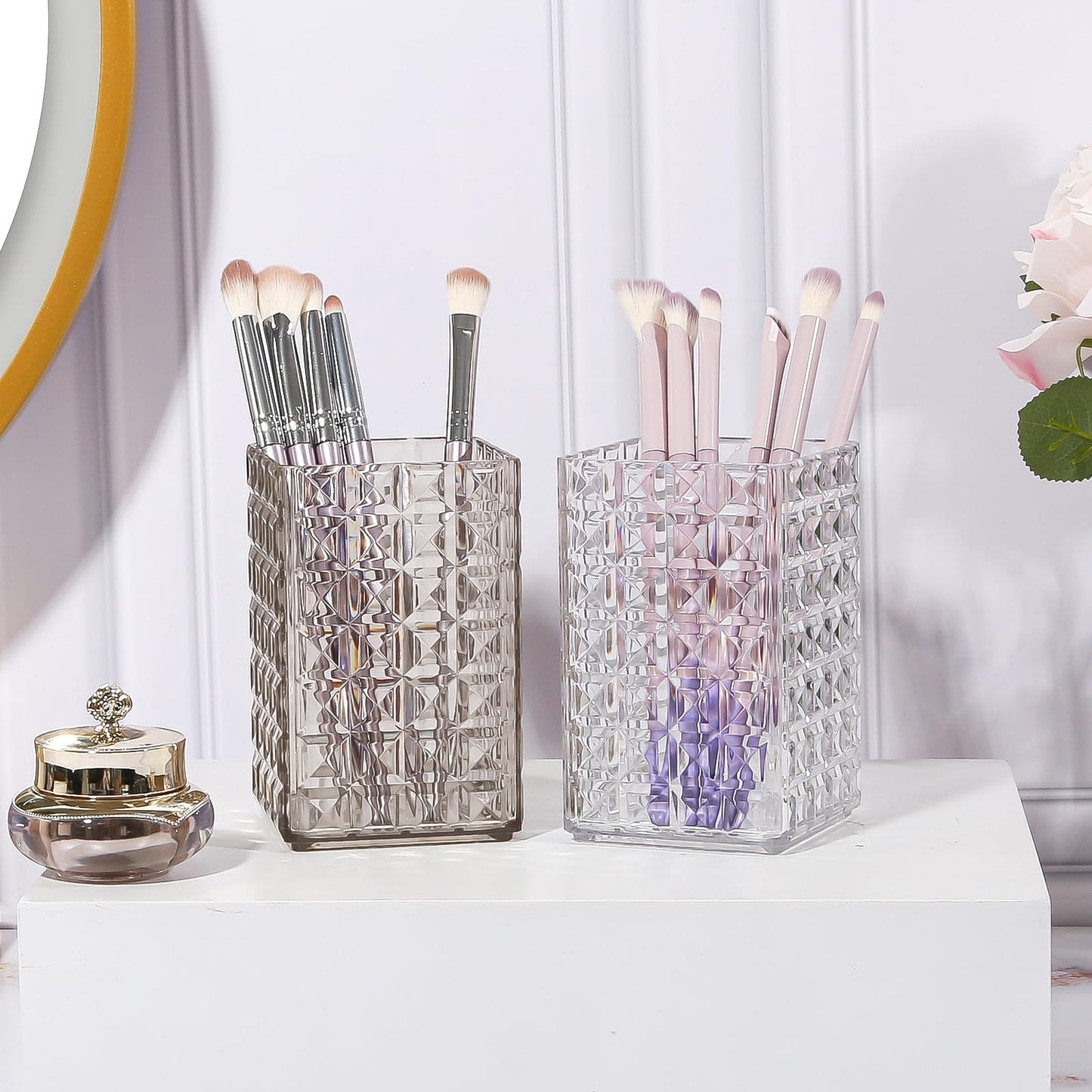 DASITON Makeup Brush Holder Organizer, Acrylic Makeup Brush Cup, Diamond Striped Make Up Brush Holder for Vanity, Bathroom Countertop, Toothbrush Holders, Pen Holder for Desk Storage (Gray)