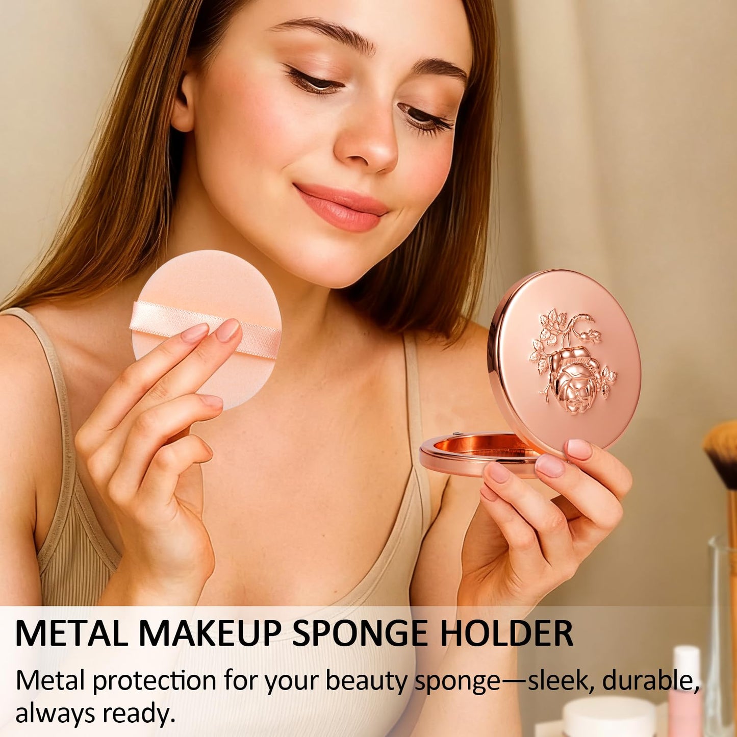 Fashion Creative Luxury Metal Beauty Sponge Case, Rose Gold Pattern, 7 cm Compact Mirror Case with Puff, Travel Makeup Powder Holder (Rose)