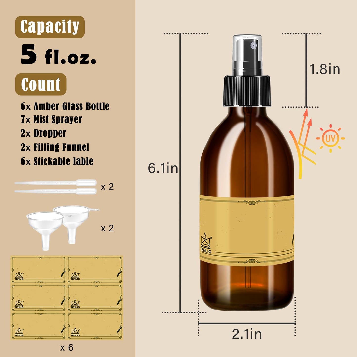 TENLIG 5oz Amber Glass Spray Bottles,6 Pack Small Refillable, for Essential Oils,Cleaning Solutions,Fine Mist for Hair,Facial Hydration,Aromatherapy,Plants,with Durable Nozzle,Labels,Pipettes,Funnels