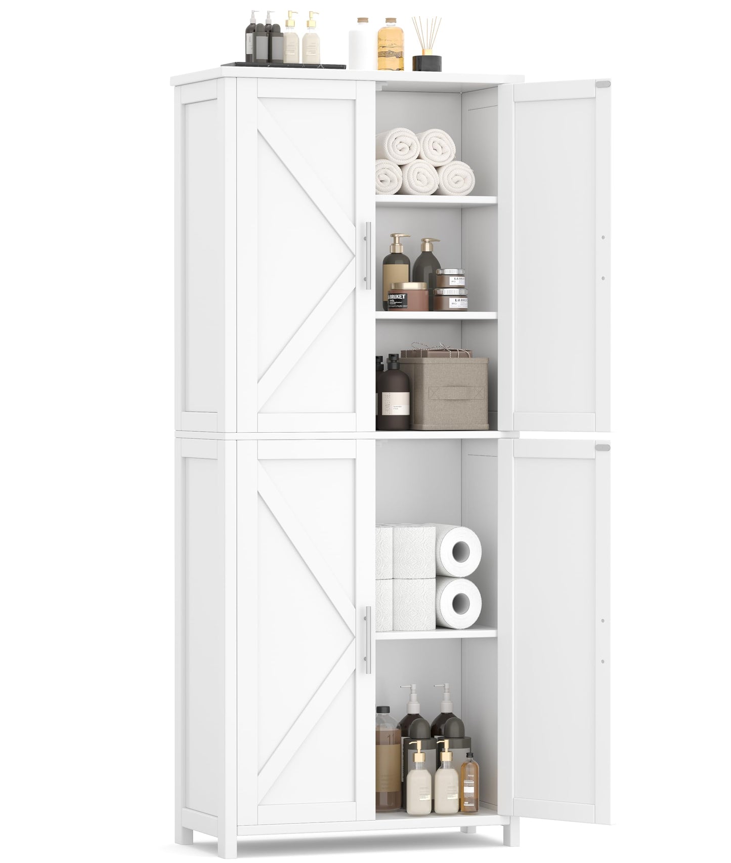 Akxomel Tall Bathroom Storage Cabinet, 11 x 22.8 x 63 Inches, Floor Cabinet with Barn Doors, Adjustable Shelf, Linen Pantry Cabinet for Kitchen, Laundry Room, Living Room, Entryway, White