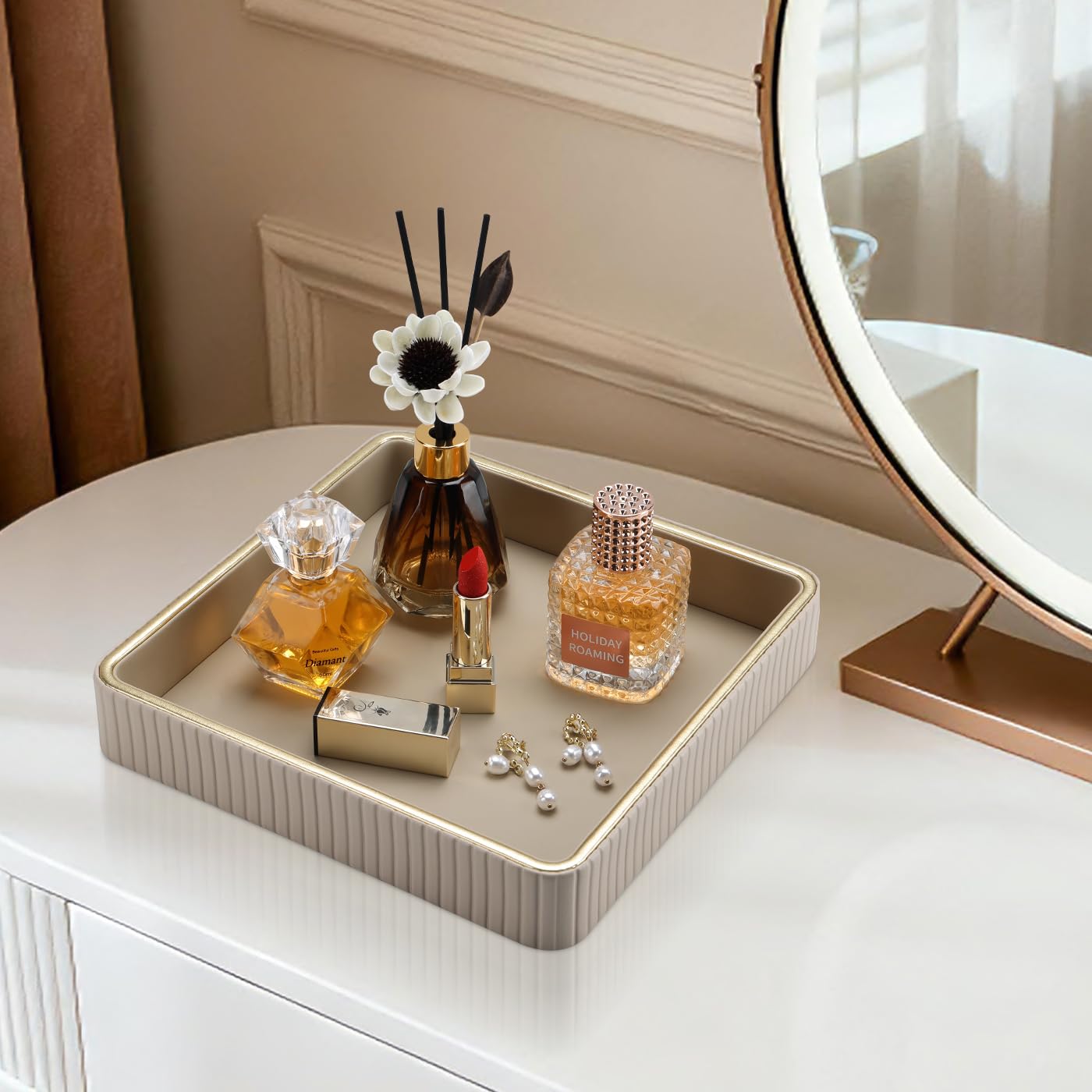 GORESE Square Perfume Tray Nightstand Organizer, PU Leather Purse Bowl Jewelry Trays for Dresser, Trinket Dish Catchall Bowl for Keys, Decorative Vanity Tray, Gift for Women, Beige(9.3'' × 9.3'')