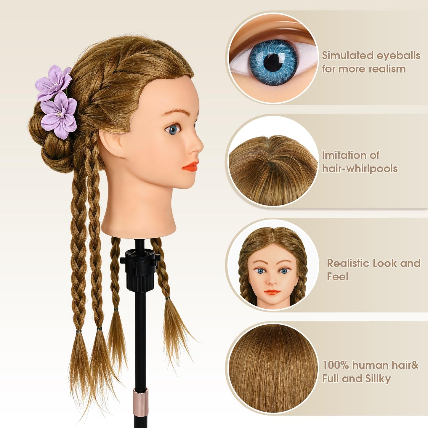 Mannequin Head with 100% Human Hair,22''Real Hair Cosmetology Mannequin Manikin Head Hair Styling Hairdressing Practice Training Doll Head Hairs with Clamp Holder and Tools(Light Brown Blue Eyes)