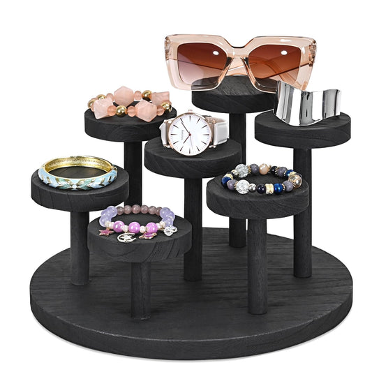 Ikee Design 7-Tier Wooden Display Riser for Jewelry, Accessories, and Collectibles items Wooden Jewelry and Figurine Display Risers, Multilevel Stand for Action Figures and Home Decor, Black Color