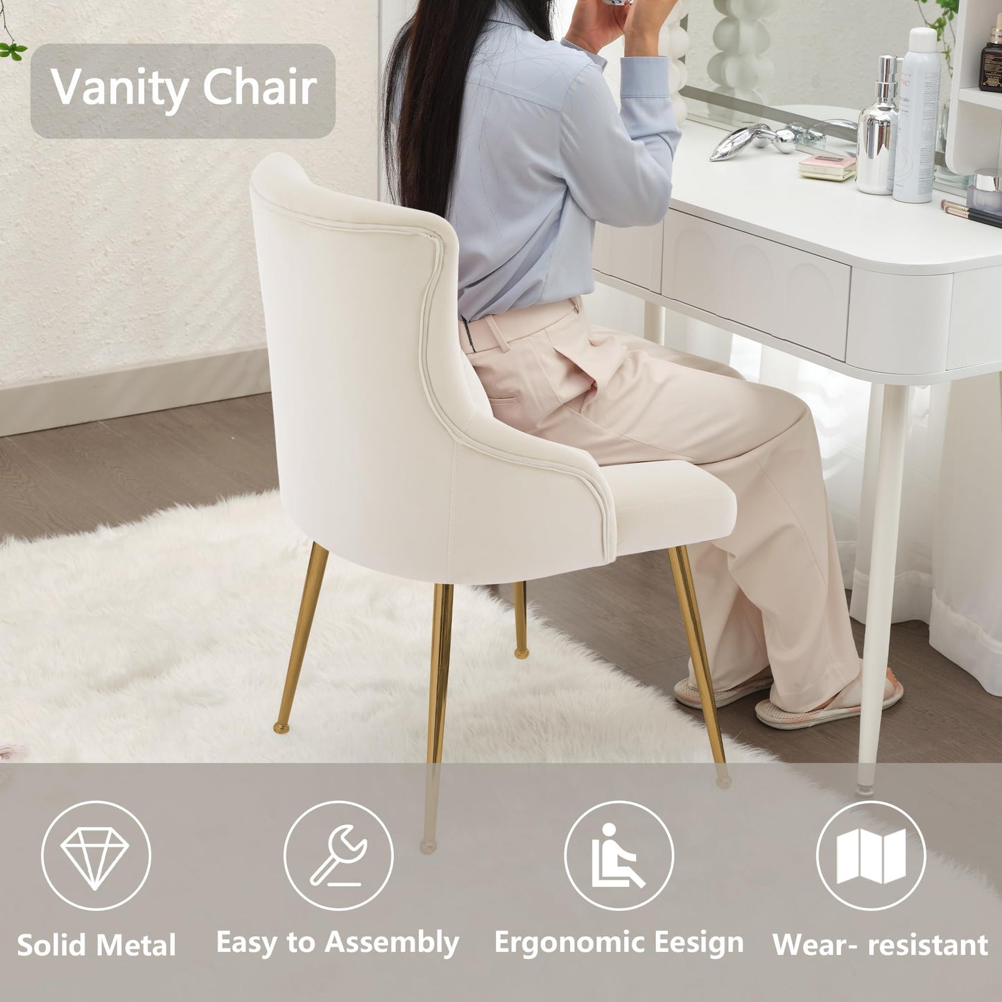 UDAX Velvet Vanity Chairs with Back, Upholstered Makeup Chair No Wheels with Metal Legs & Lumbar Pillow for Living Room/Makeup Room/Bedroom/Home Office/Kitchen