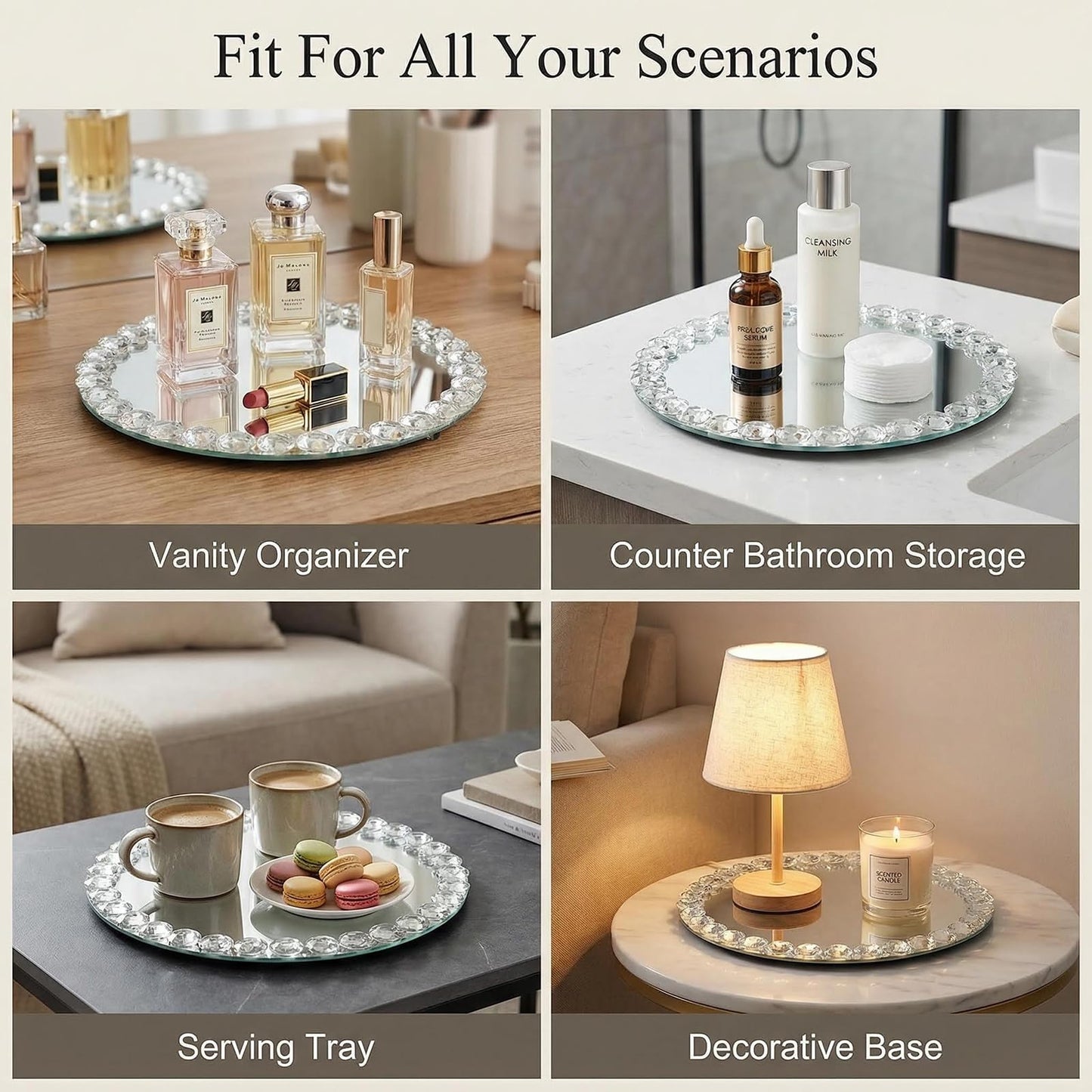joyshiny 12-Inch Crystal Bead Mirror Tray – Vanity Organizer, Perfume & Jewelry Display, Decorative Tray for Bathroom, Dresser, Coffee Table, Living Room, Office & Hotel Banquet（Silver）