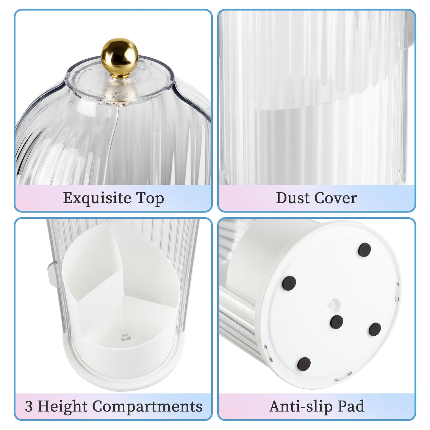Makeup Brush Holder with Lid 360 Rotating Makeup Brush Organizer, Dustproof Waterproof Material & with 3 Compartments for Organized Storage, Dressing Tables Clear Storage Skincare Cosmetic (White)