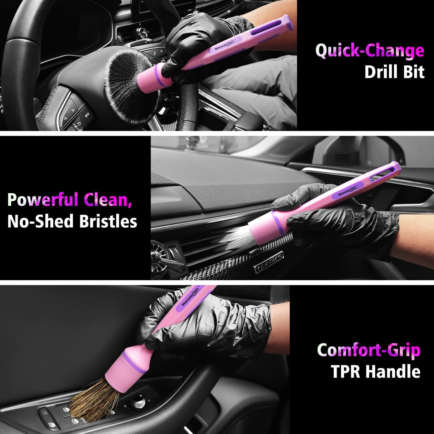 3Pcs Car Detailing Drill Brush Set with Drill Brush Attachment Head, 1P Ultra Soft No Scratch Car Drill Brush for Air Vent Leather Seat, 1P Boars Hair & 1P Detailing Brushes for Interior Exterior,Pink