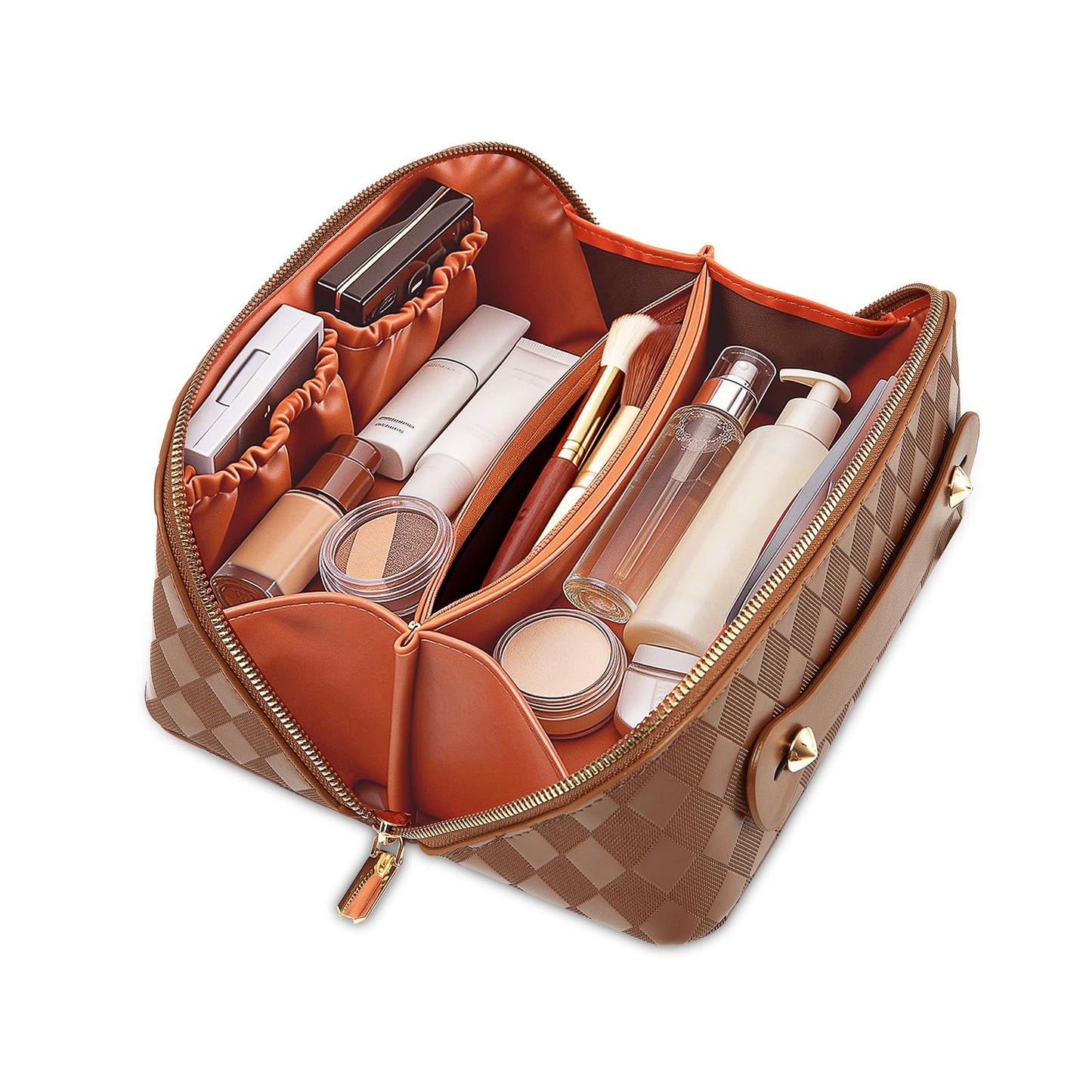 IDELCHOIS Travel Makeup Bag Large Capacity Cosmetic Bags for Women, Waterproof Toiletry Bag Open Flat Makeup Bag with Compartments and Handle, Portable Cosmetic Organizer Pouch, Diamond Brown