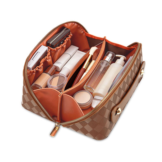 IDELCHOIS Travel Makeup Bag Large Capacity Cosmetic Bags for Women, Waterproof Toiletry Bag Open Flat Makeup Bag with Compartments and Handle, Portable Cosmetic Organizer Pouch, Diamond Brown