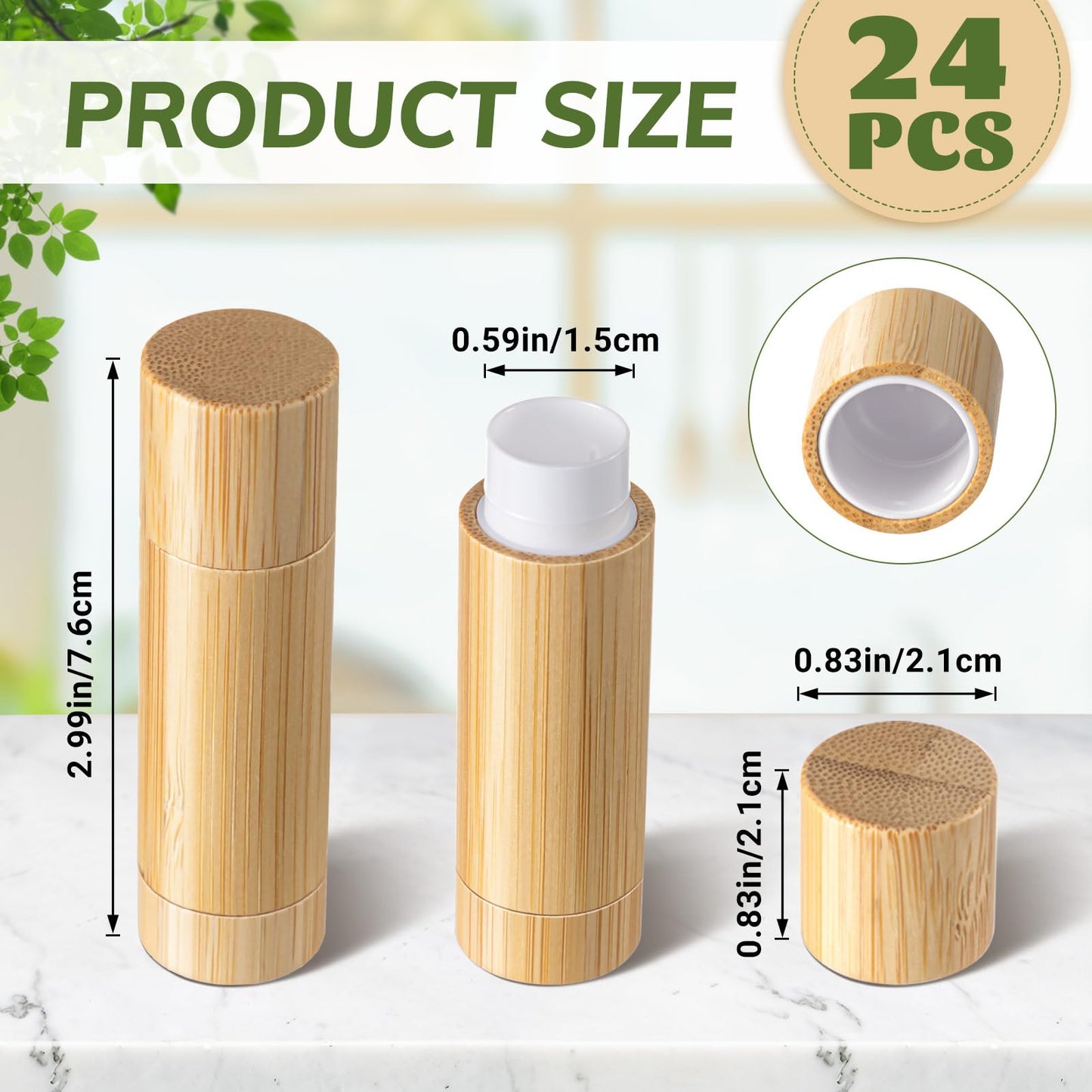 Leinuosen 24 Pcs Bamboo Empty Lipstick Tubes, Refillable 5g Lip Balm Containers with Rotable Plastic Inner for Women Girl DIY Cosmetic Lip Gloss Tubes for Lipstick, Deodorant, Solid Perfume, Makeup