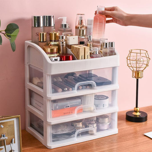 Freebirdly Makeup Organizer with 3 Drawers Plastic Storage for Vanity Cosmetic Display Cases Large Capacity Bathroom Countertop Plastic Storage for Skin Care Products(Arc Type)