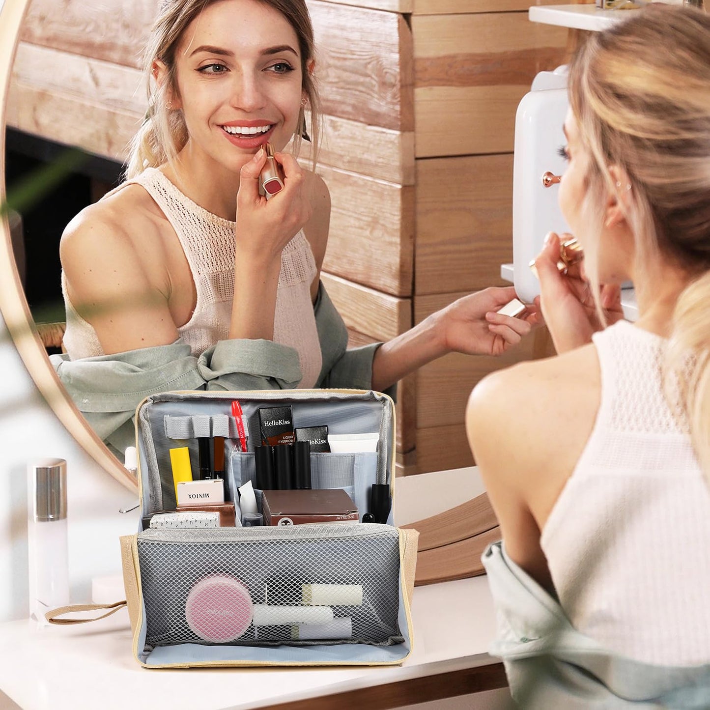 Doresty Makeup Bag,Portable Large Capacity Waterproof Standing Make up Bag,Multi-Purpose Large Capacity Oxford Cloth Standing Makeup Bag,Stationery Storage(Beige)