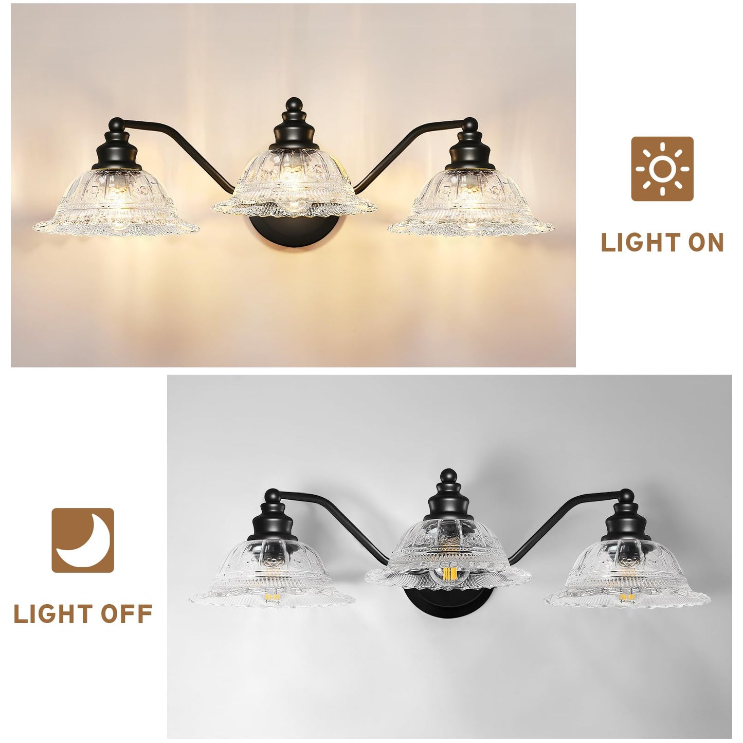 Redluck Vintage Bathroom Vanity Light Fixture, 3-Light Bathroom Lighting Fixtures Over Mirror, Matte Black Finish with Crystal Glass Shade, Wall Sconces Lighting for Bedroom, Living Room, Hallway