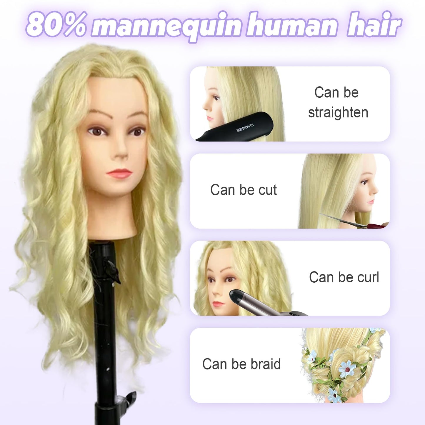 22" MQHIHI Mannequin Head Human Hair Cosmetology Manikin Doll Head with 80% Real Human Hair for Hairdresser Practice Cutting Braiding Hair Styling with Clamp Holder and Tools (Blond)