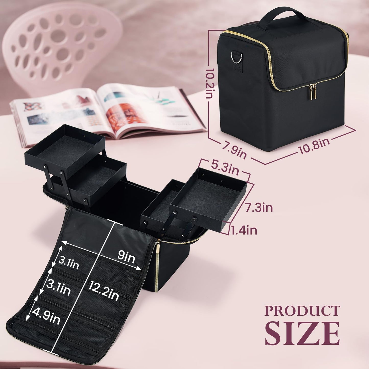 Yueieoun Large Travel Makeup Train Case, Big Makeup Bag Organizer Makeup Box,4 Tier Professional Cosmetic Storage Cases for Nail Tech Tattoo Storage Bag for Equipment and Supplies with luggage Sleeve
