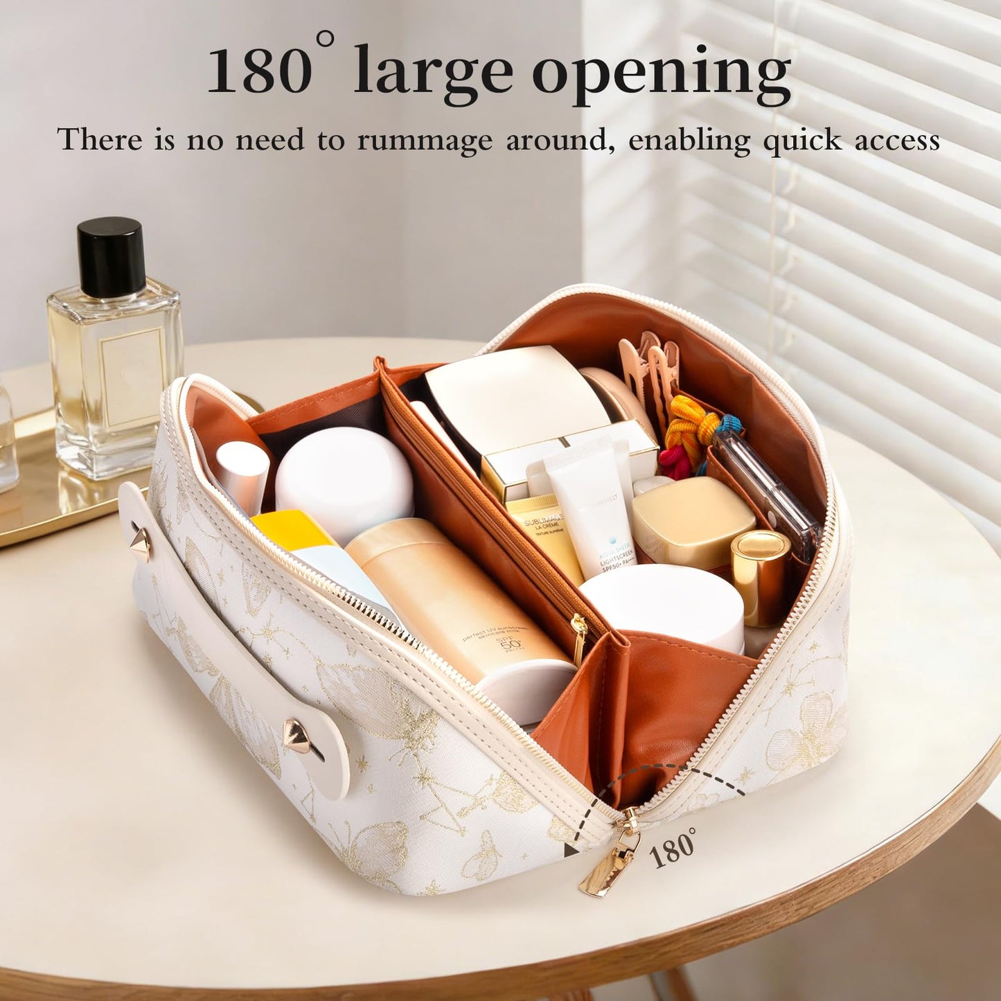 Abiudeng Travel Makeup Bag Large Capacity Toiletry Bag for Travel Essentials Open Flat Makeup bag Organizer with Divider and Handle