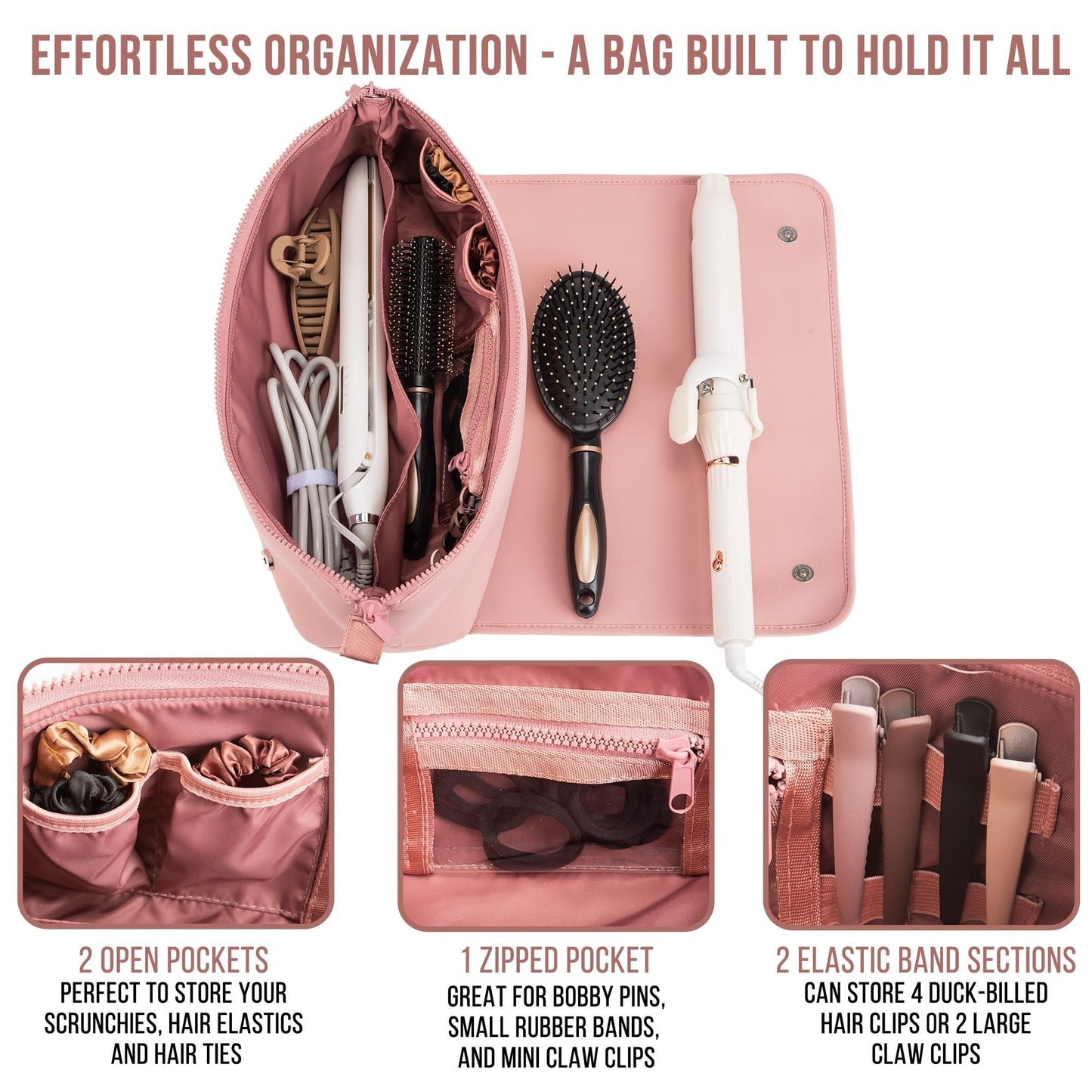 BAREFOOT CARIBOU Hair Tools Travel Bag and Heat Resistant Mat (15.5") for Flat Irons, Straighteners, Curling Iron, and Haircare Accessories, 2-in-1 design, Interior Pockets, Portable Organizer (Dune)