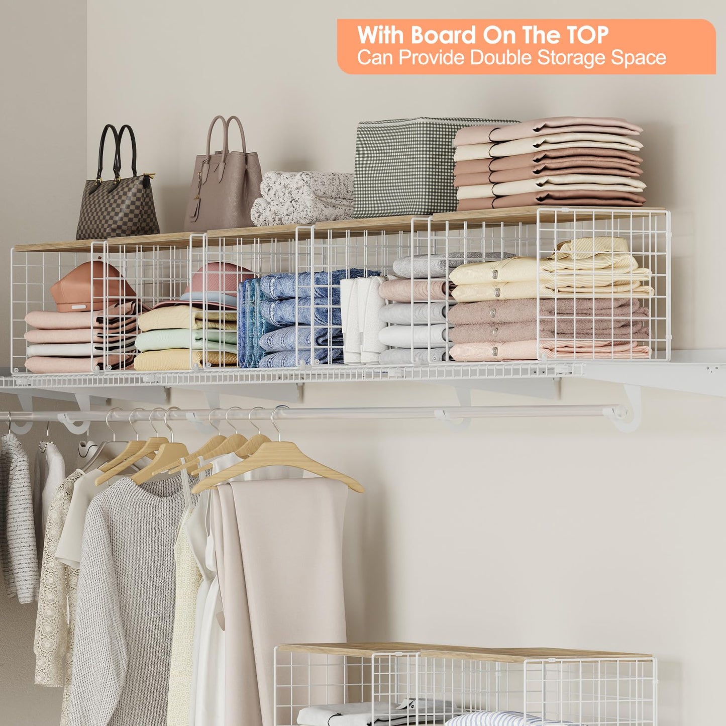 5 Pack Extra-Long Closet Organizers and Storage with Ajustable Shelf, Stackable Closet Shelf Organizer, Double Storage Design Clothes Storage Cube/Bin Organizer for Wardrobe, Space-Saving, White