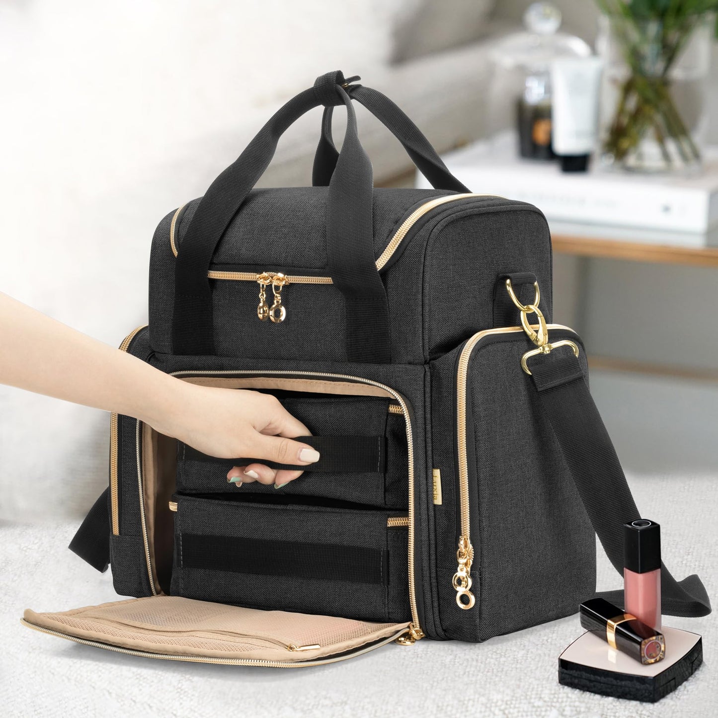 LUXJA Travel Makeup Bag with 2 Removable Cases, Cosmetic Bag with Multiple Storage Sections (Patent Pending), Black