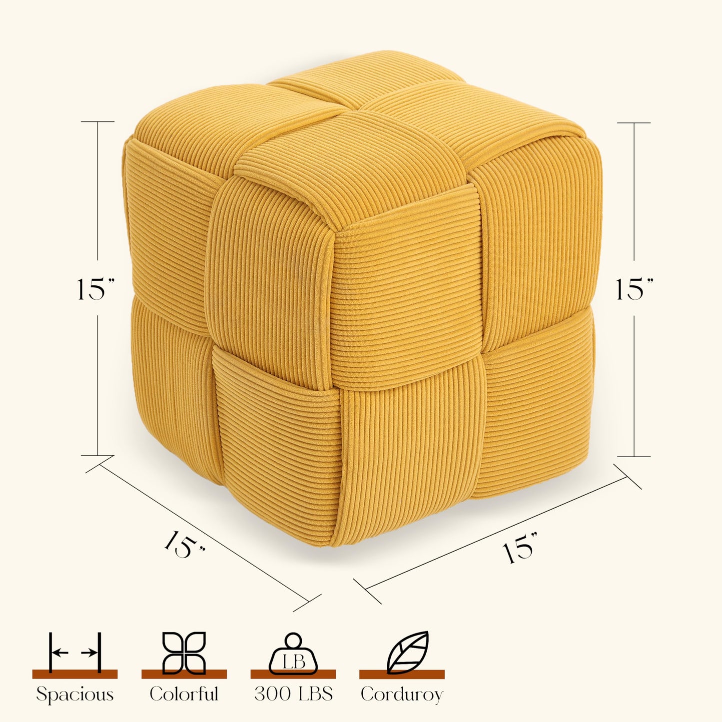 Cmishe 15" Square Woven Corduroy Ottoman Footrest - Modern Vanity Stool for Living Room & Entryway, Eco-Friendly Wood Frame, No Assembly (Yellow)