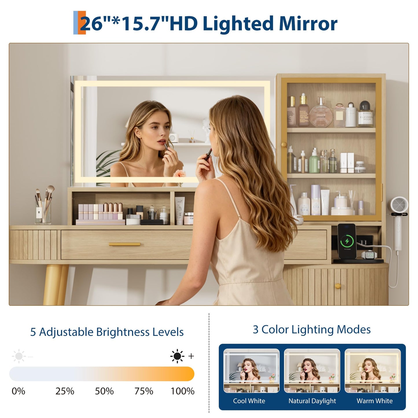 Garvee Vanity Desk with Light Mirror, 47.2 Inch Vanity Table with Stool and Charging Station, Modern Makeup Table with Drawer and Cabinet, Makeup Desk with Glass Door, Adjustable Shelf for Bedroom