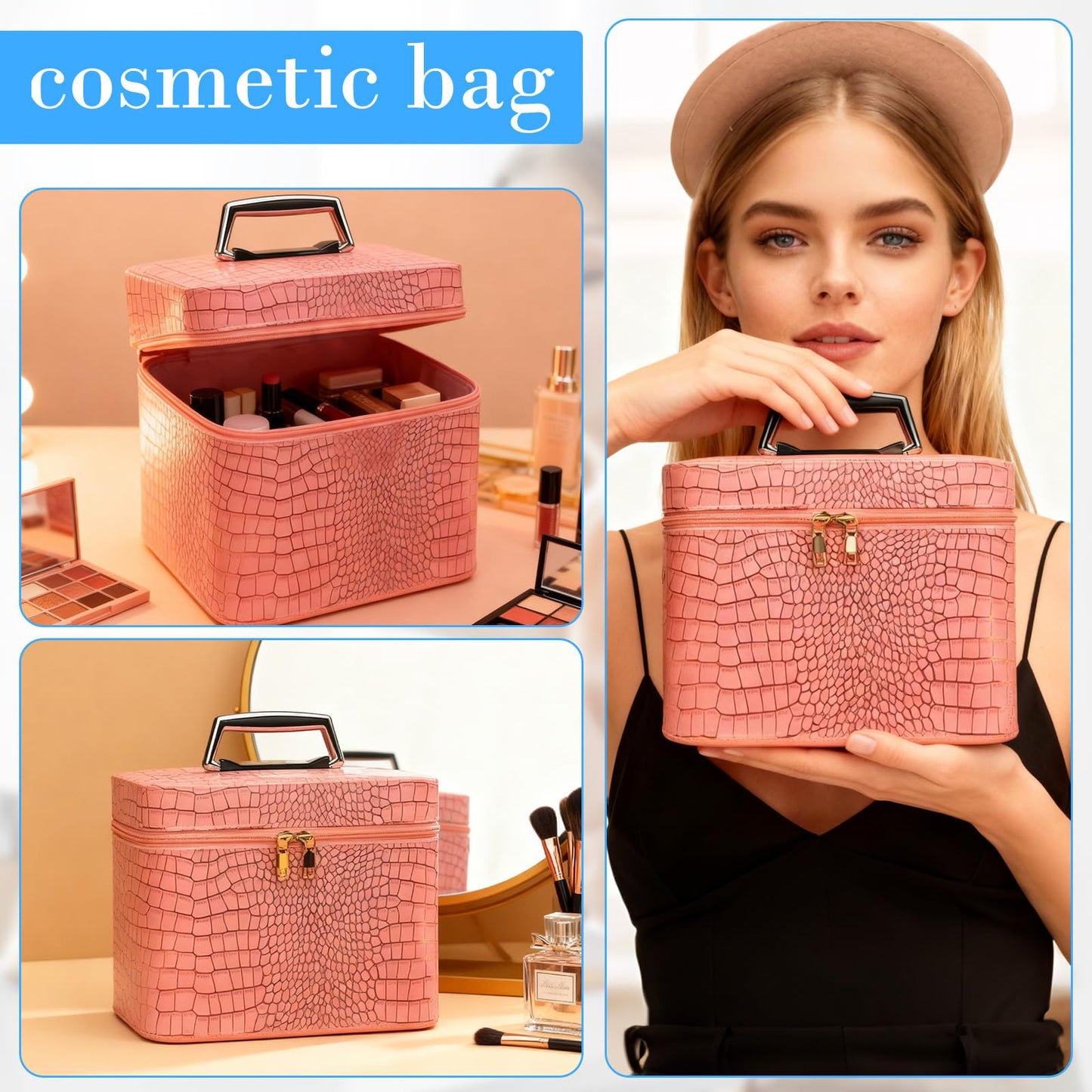 Chic Large Capacity Makeup Bag l Vanity Bag, Structured Cosmetic Organizer with Handle, Water-Resistant Portable Travel Toiletry Bag, Soft PU Leather Makeup Pouch for Women, Daily Use & Travel