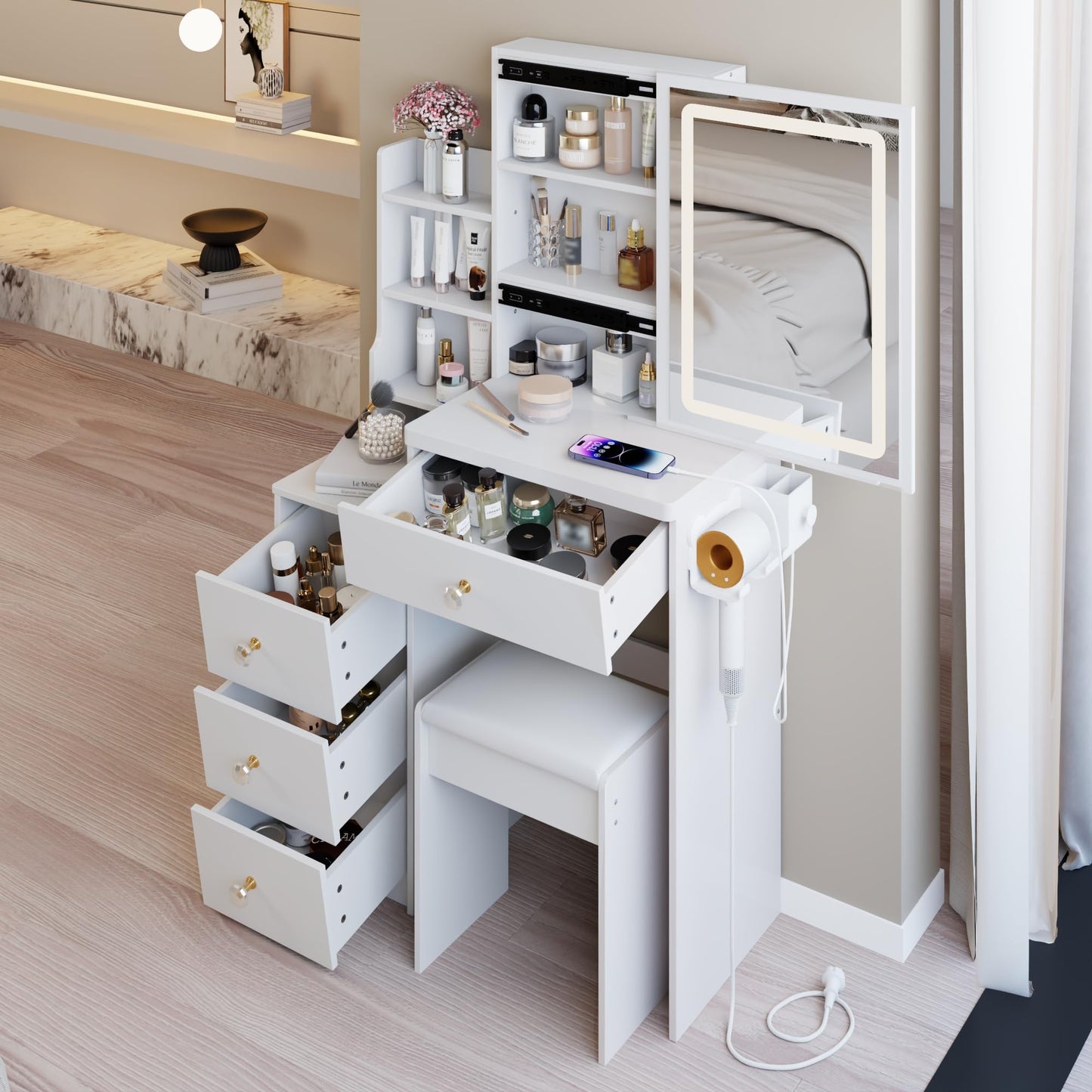 Ball & Cast 29.2" Small Size Vanity Mirror Desk with Lights and Cushioned Stool,Vanity Desk w/ 2 AC+2 USB Power Station,Hair Dryer Bracket,Large Touch Control Sliding LED Mirror,for Bedrooms,White
