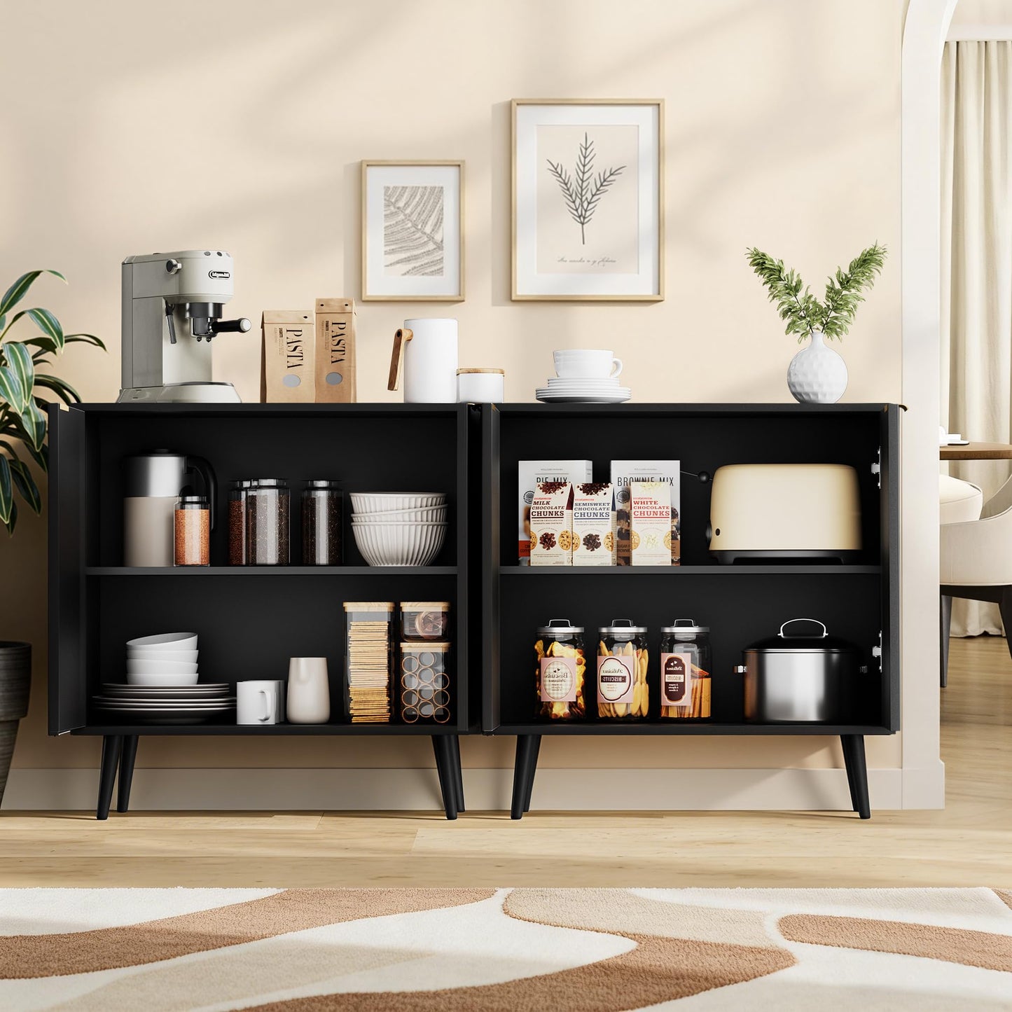 REHOOPEX Fluted Storage Cabinet, Buffet Cabinet with Storage, Wood Sideboard with Adjustable Shelf, Modern Accent Cabinet & Console Table for Entryway, Living Room, Dining Room, Black