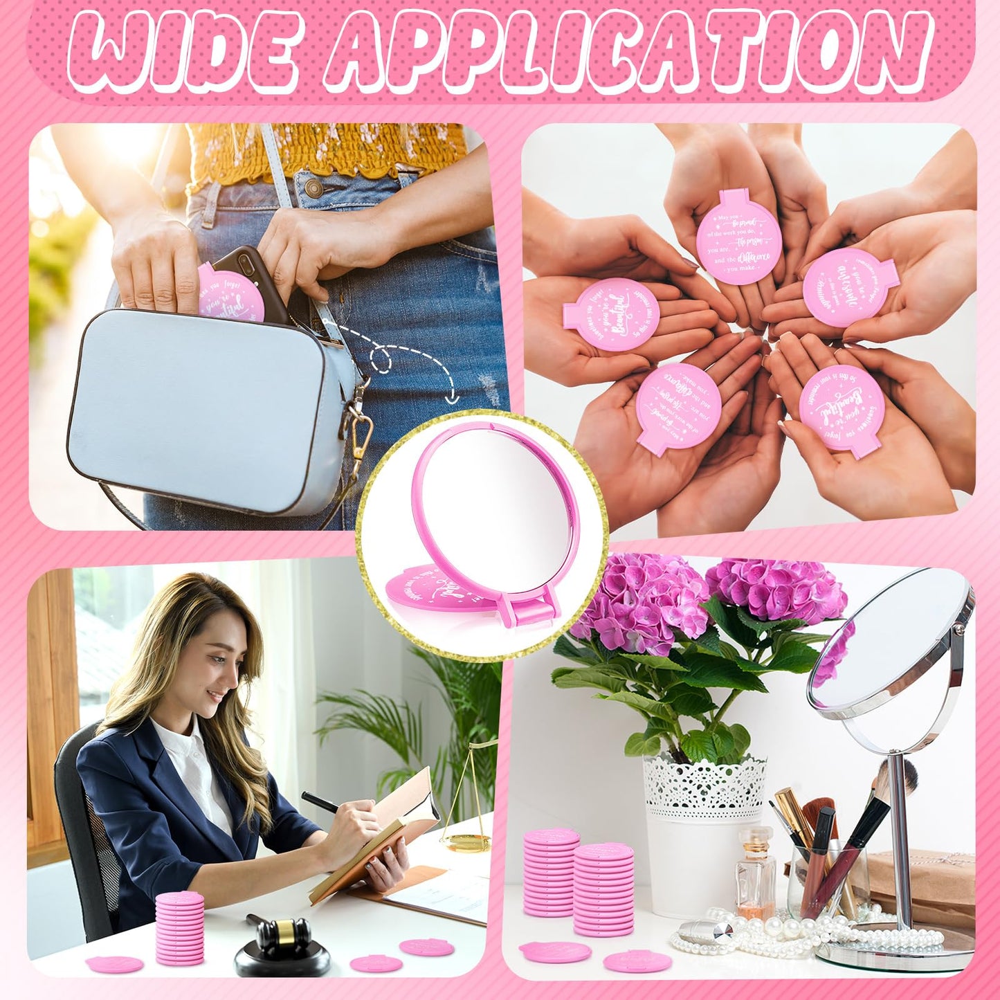 Wenqik 64 Pcs Inspirational Mini Compact Mirrors Bulk, Women Small Gifts Bulk, Group Team Party Favors, Mini Pocket Purse Mirror for Travel, Client, Guest, Wedding, Birthday, Cheerleader (Pink)