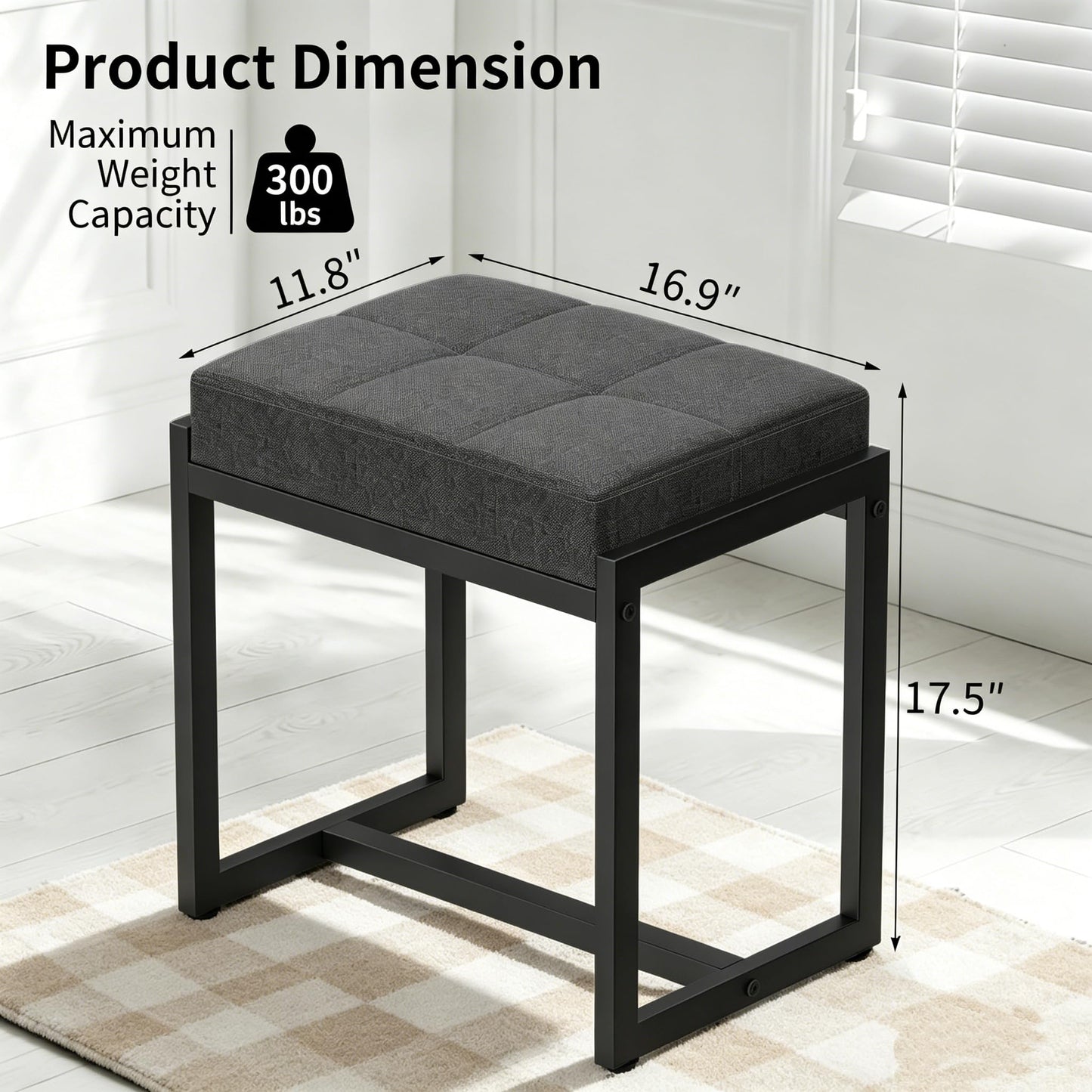 FLYZC Vanity Stool, Vanity Chair Stools for Makeup Room, Square Linen Makeup Stool for Vanity, Modern Padded Vanity Bench Small Ottoman Foot Rest Stool for Bedroom Living Room, Dark Grey & Black
