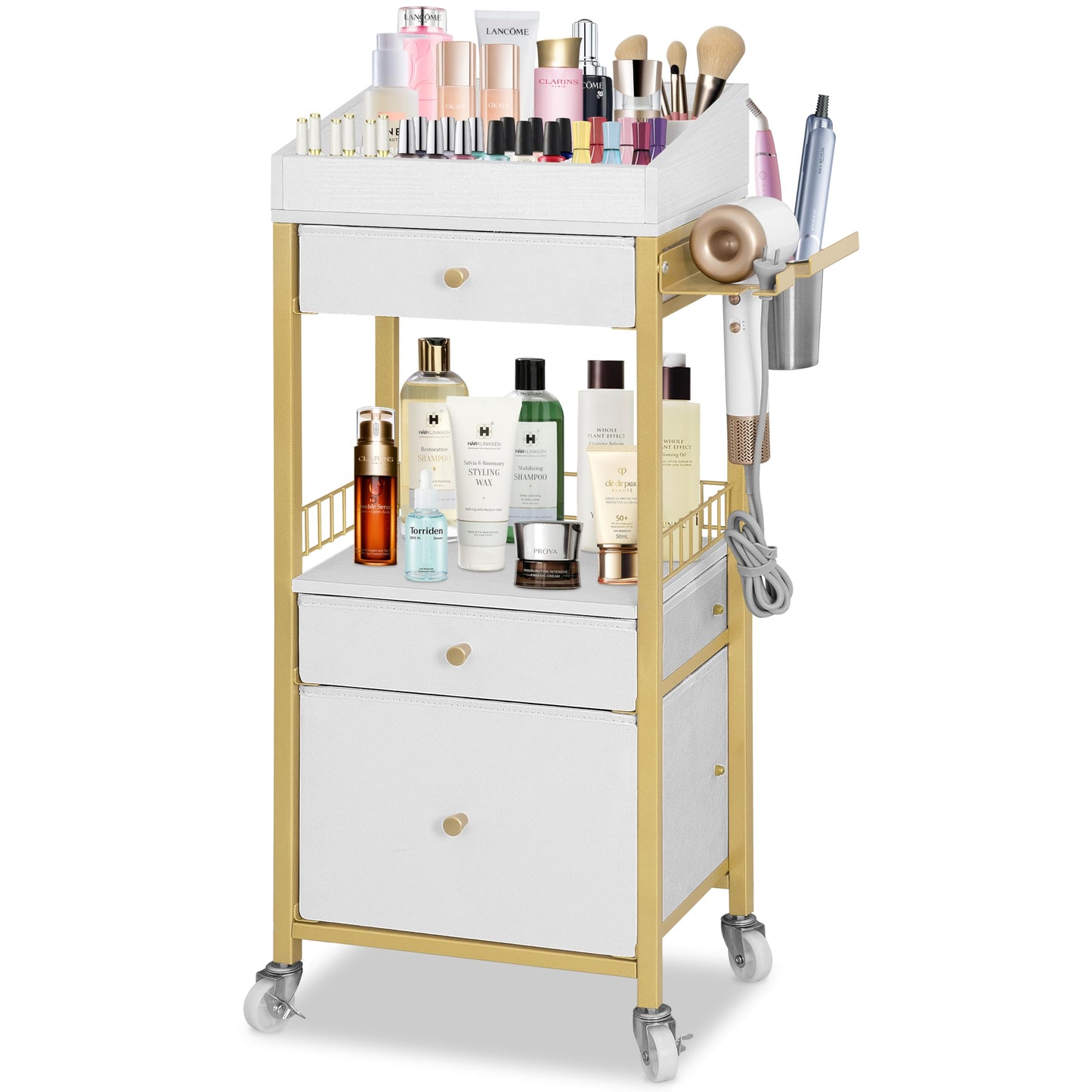 NauwaBarn Makeup Organizer Cart with 3 Drawers, Rolling Vanity Organizer with Adjustable Dividers, Detachable Hair Tool Holder, Lockable Wheels for Small Spaces, Gold & White