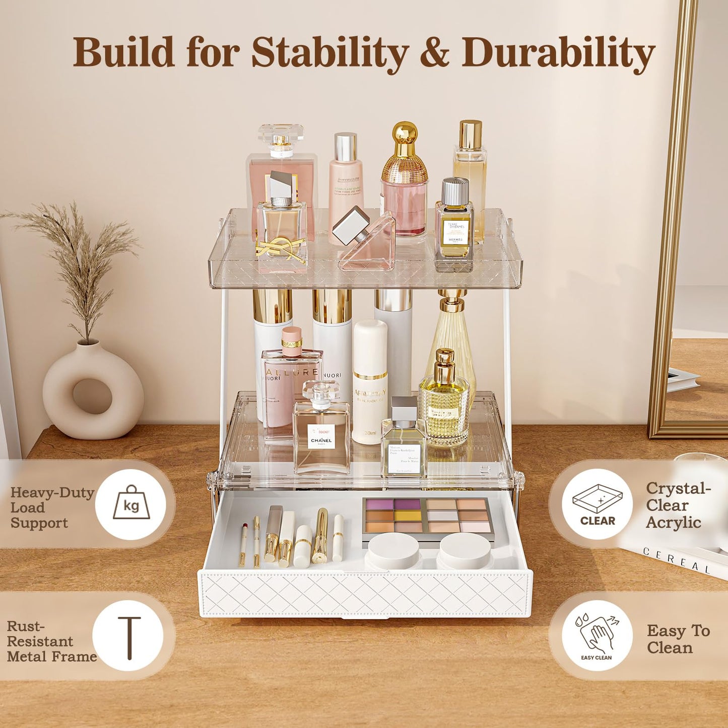 3-Tier Bathroom Countertop Makeup Organizer - Big Make Up Storage with Slide-Out Tray & Bottom Drawer, Transparent Acrylic for Cosmetics Brushes Lipsticks Skincare