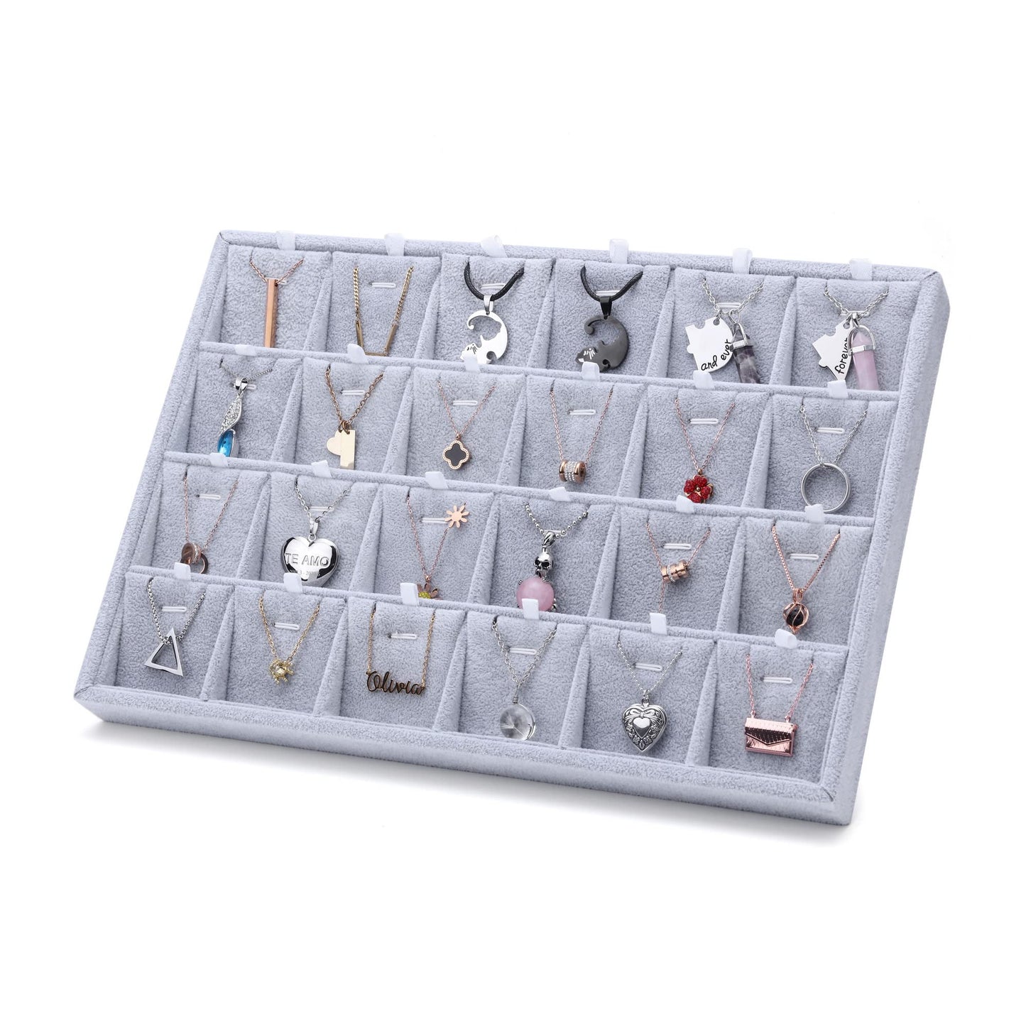 Mornajina 24 Grids Stackable Jewelry Tray Organizer with Removable Dividers, Velvet Jewelry Display Tray for Earrings Necklaces Bracelet Rings Display Showcase - Grey