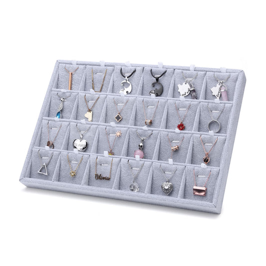 Mornajina 24 Grids Stackable Jewelry Tray Organizer with Removable Dividers, Velvet Jewelry Display Tray for Earrings Necklaces Bracelet Rings Display Showcase - Grey