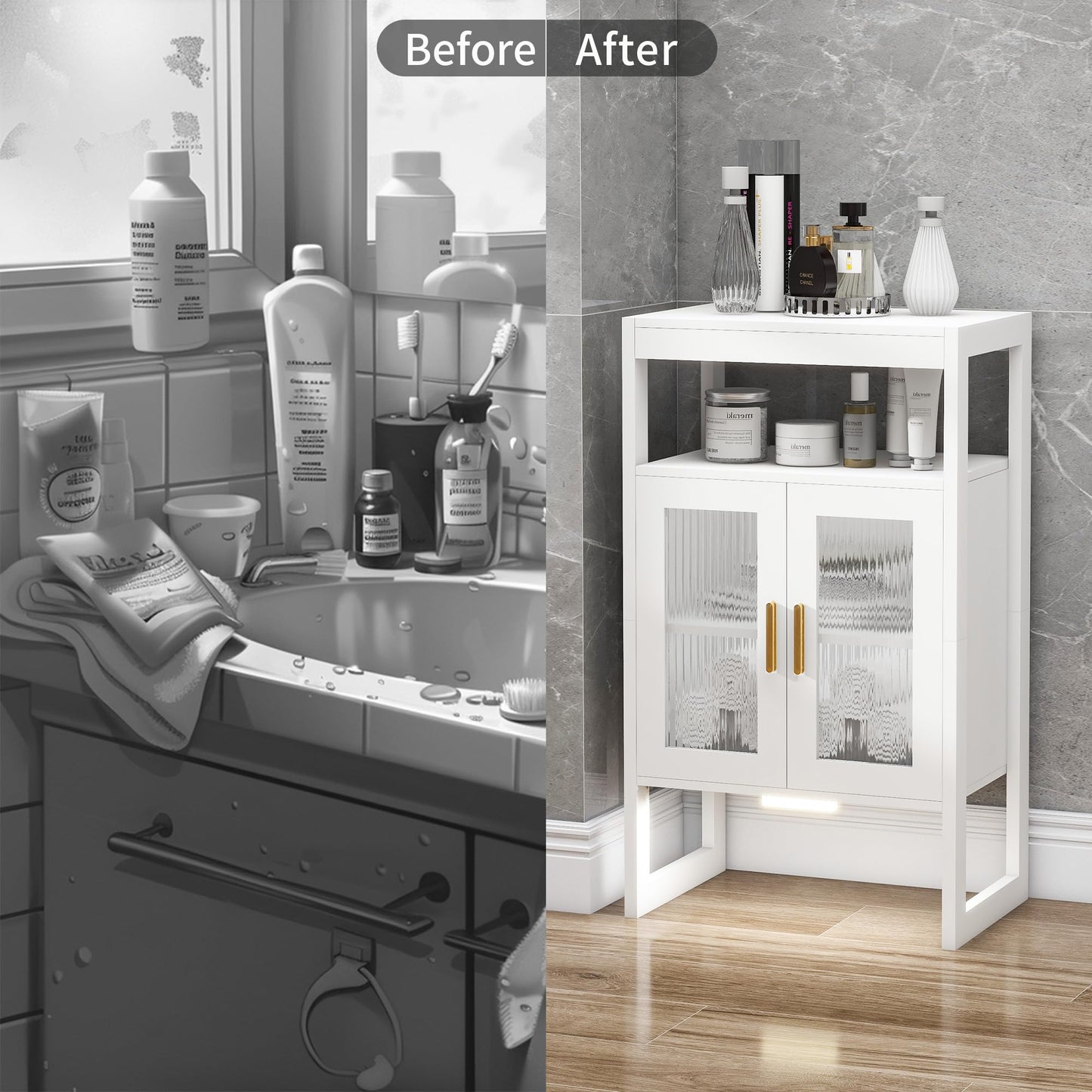 Bathroom Storage Cabinet with Motion Sensor Light and 2 Doors, White