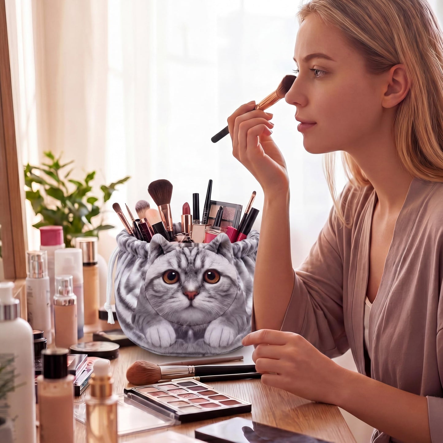 Tallew 3 Pcs Cat Drawstring Makeup Bag Large Capacity Cute Funny Cat Gifts Dormitory Cosmetic Bag for Women Portable Travel Pouch Toiletry Organizer for Birthday Gifts for Cats Lovers