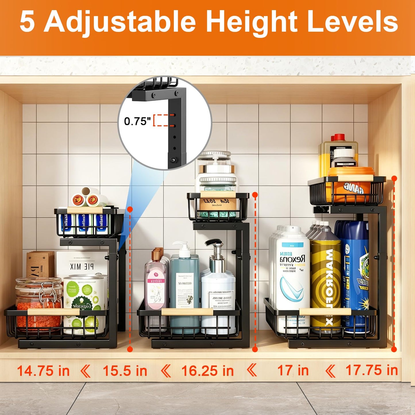REALINN Under Sink Organizer, Height Adjustable 2 Tier Pull Out Cabinet Storage, L-Shaped Drawer Organizer for Kitchen Sink Organizer, Bathroom Organizers and Storage, Smooth Sliding Rails, Black