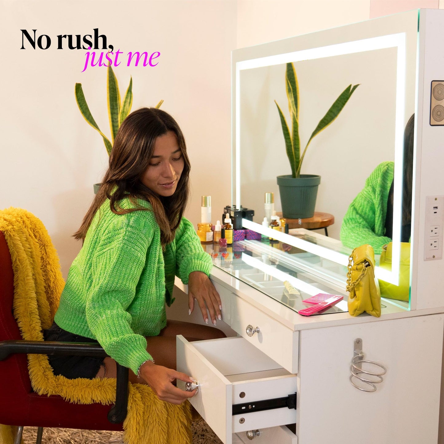 Boahaus Cleo Vanity Desk with LED Lighted Mirror – 7 Drawer Makeup Station with Integrated Power