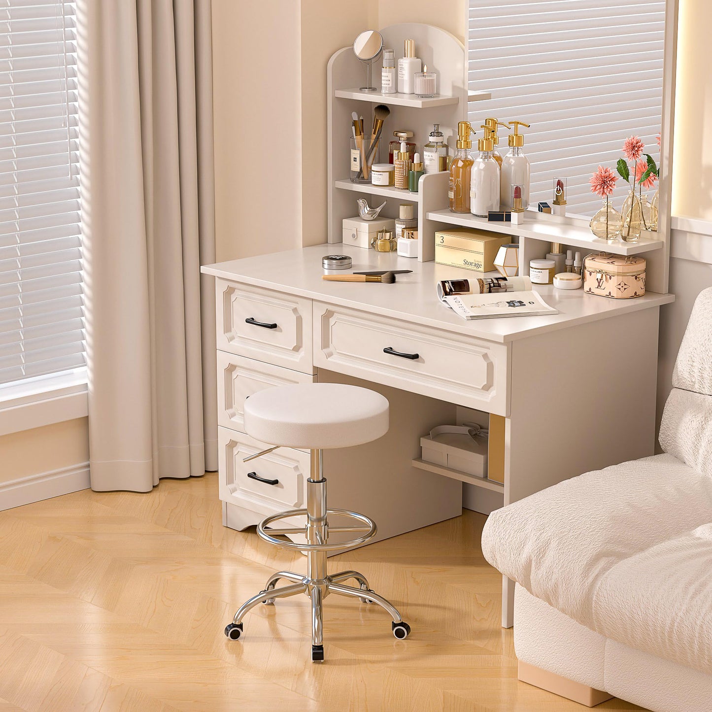 VECELO Round Rolling Stool with Footrest and Wheels, Easy Assembly PU Leather Height Adjustable Drafting Swivel Chair for Spa Salon, Office, Medical, Beauty, Bar, Lab, White