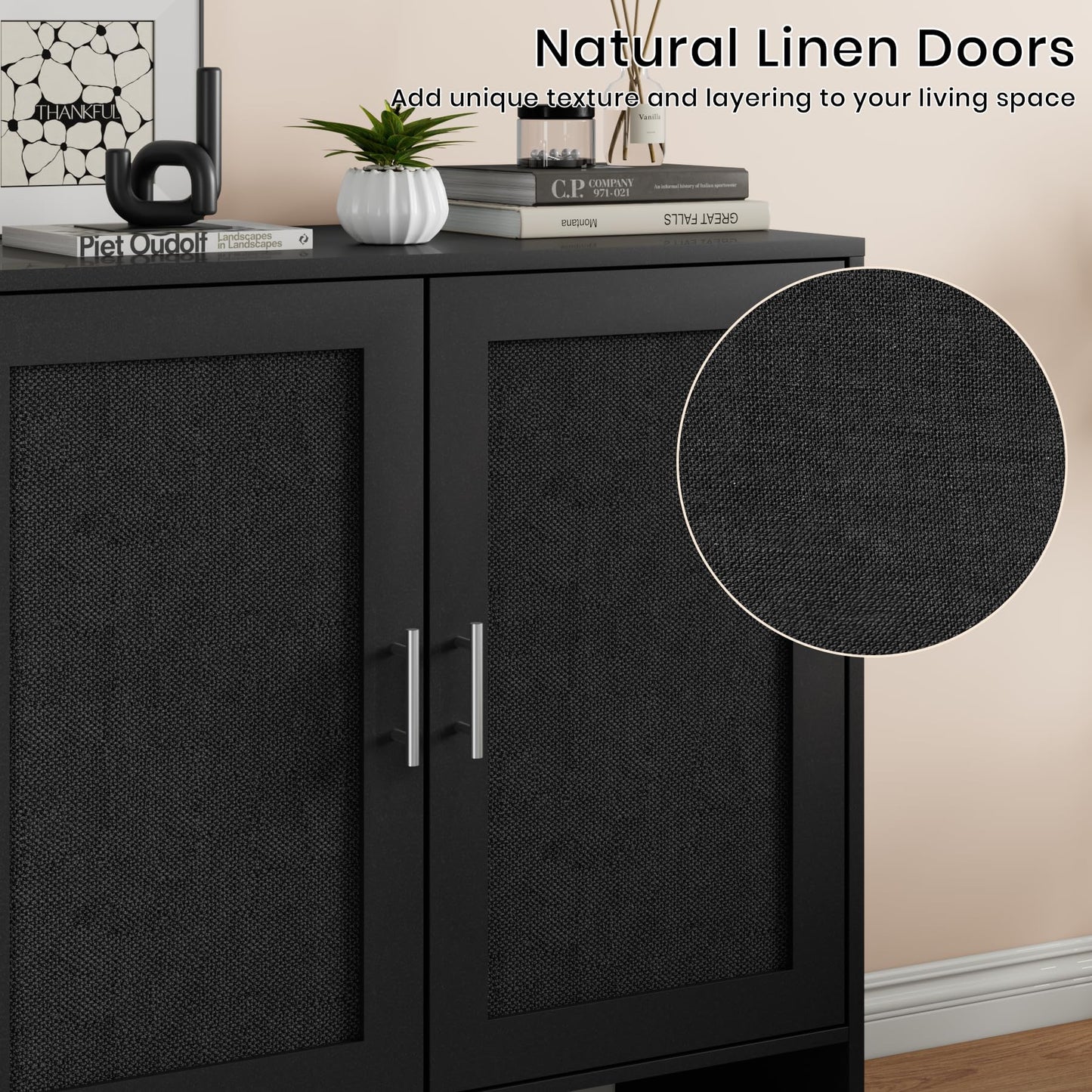 DHZ Buffet Cabinet with Storage, Farmhouse Sideboard with Black Rattan Doors & Adjustable Shelf, 31.5" Narrow Coffee Bar Cabinet, Kitchen Storage Credenza, Entryway Accent Liquor Cabinet