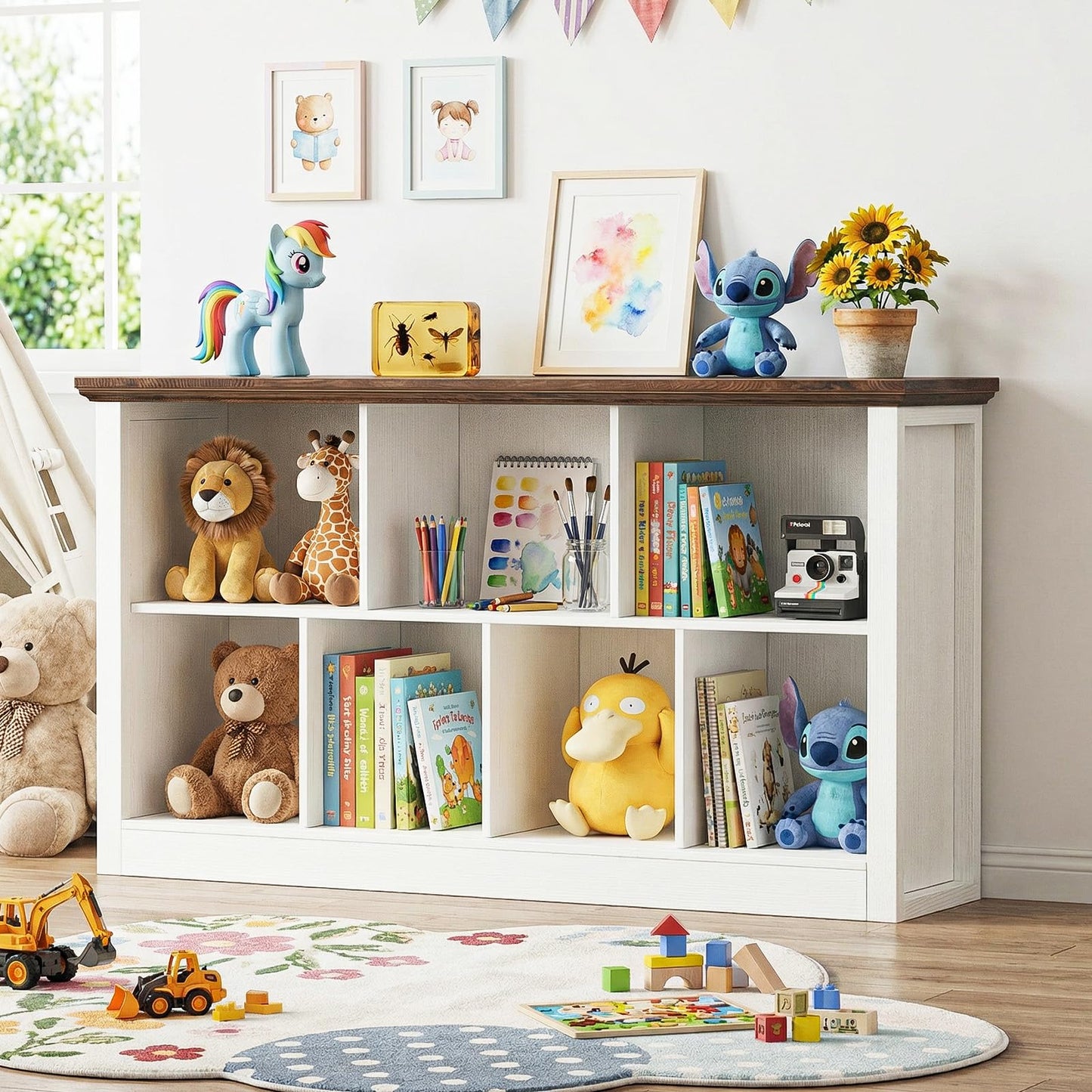 Unikito Cube Storage Organizer Bookcase with Base, Modern Wooden 2 Tiers Low Horizontal Bookshelf for Home and Office, Warm White and Brown
