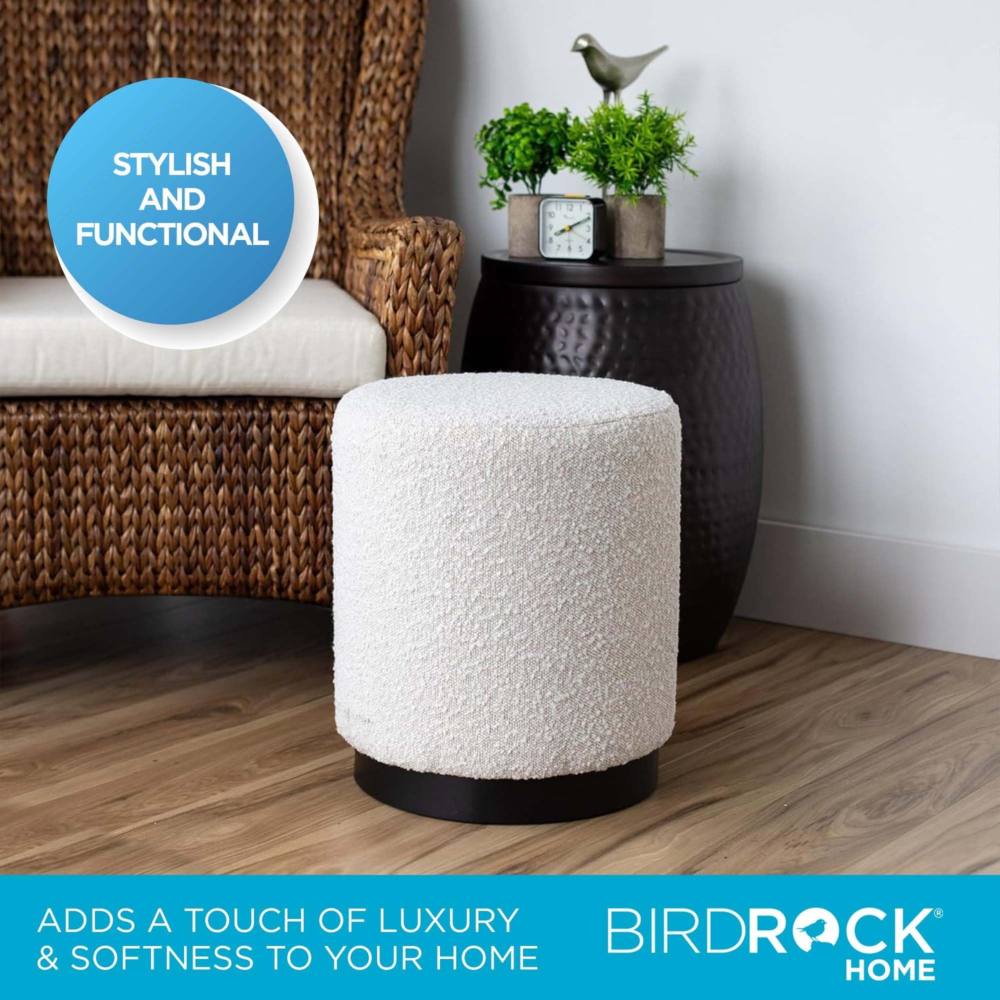 BIRDROCK HOME Round Boucle Ottoman Foot Stool | Soft Compact Padded Vanity Stool | Great for The Living Room, Bedroom and Kids Room | Small Furniture