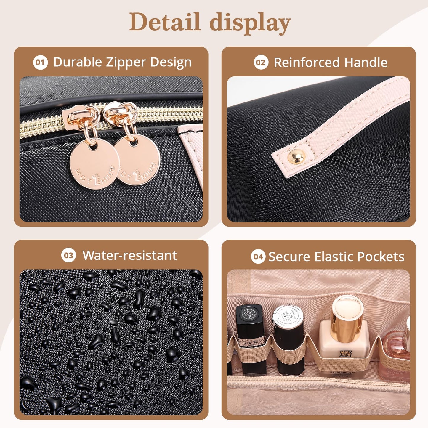 MOT HINN Travel Makeup Bag for Women: 3-in-1 Large Capacity Cosmetics Organizer with 2 Detachable Pouch - Vegan Leather Flat Open Toiletry Bag - Portable Travel Essentials for Full-Sized Bottles-Black