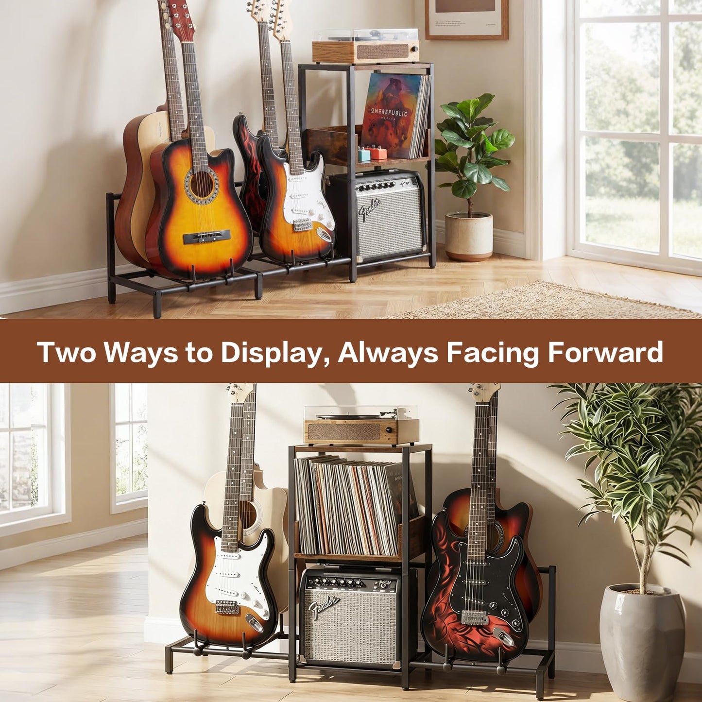 Bikoney Guitar Stand for 4 Guitars - Acoustic, Electric, Bass & Ukulele Floor Rack with 2 Wood Shelves for Amp Holder, Vinyl Records & Media Storage - Adjustable Multi Guitar Display Stand for Music Studio Home (Patent)