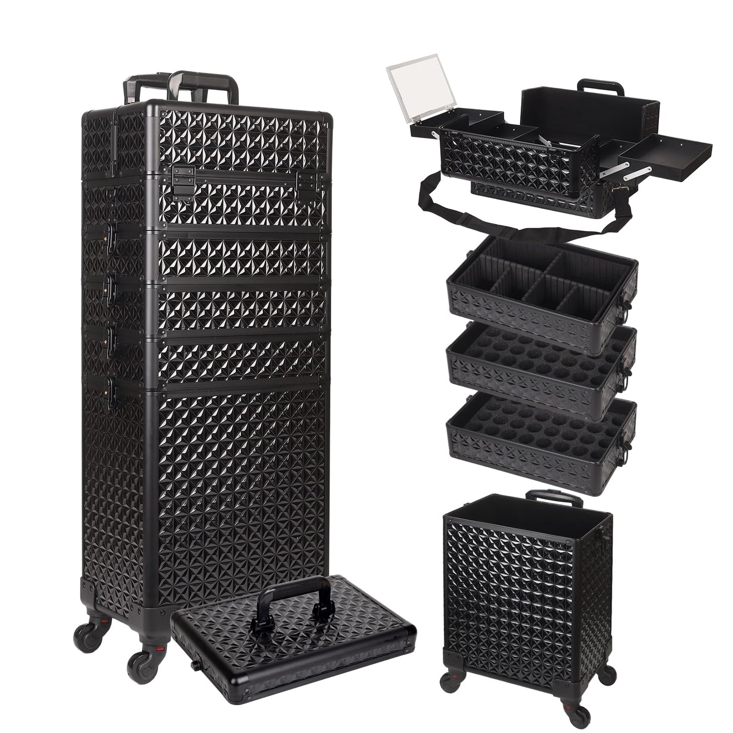 Rolling Makeup Train Case 6 in 1, Professional Cosmetic Trolley for Woman