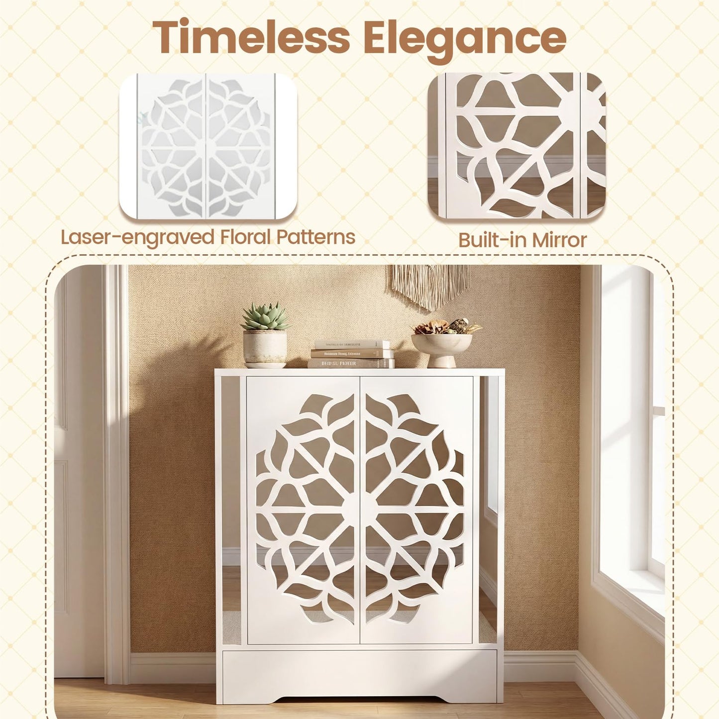 Giantex Shoe Cabinet with Drawer, 6-Tier Shoe Organizer Cabinet with Mirrored Doors, Removable Shelves & Floral Patterns, Shoe Storage Cabinet for Entryway, Hallway, Foyer, Living Room, White